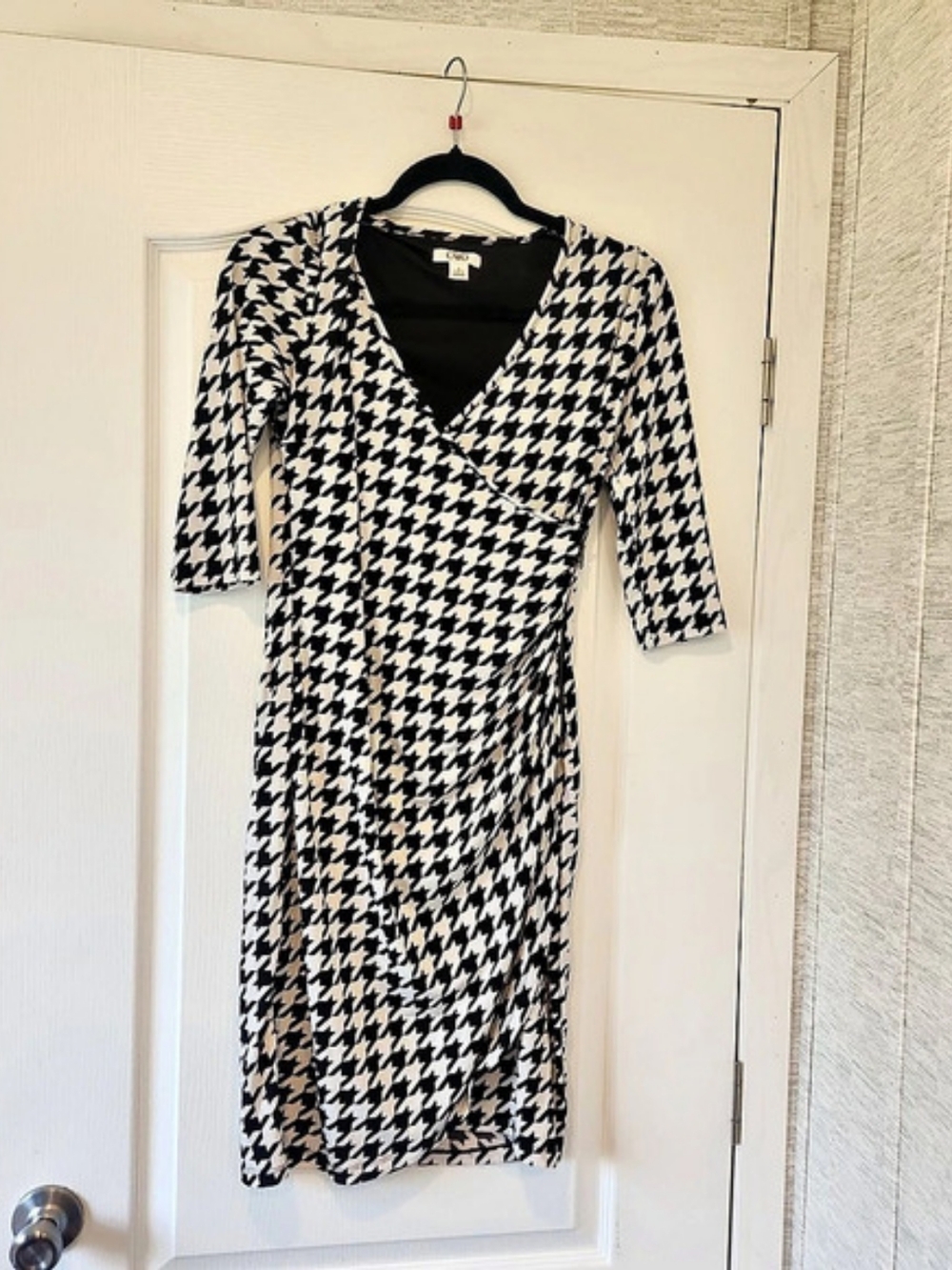 Chico's Houndstooth Wrap Midi Dress Black & White Size 6 Like New